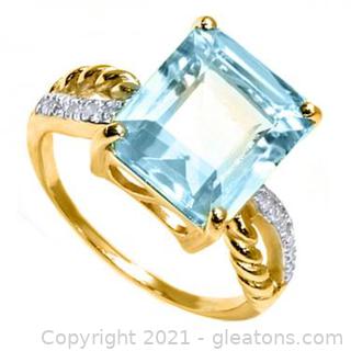 Beautiful Womens 14K Yellow Gold Over Sterling Silver 10 Diamonds and 7.0 CTW Swiss Blue Topaz Size 7 Designer Ring
